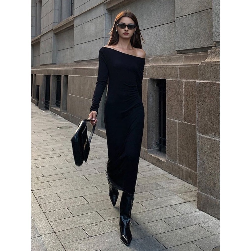 Commense Off Shoulder Ribbed Long Sleeve Knit Long Dress Black size M